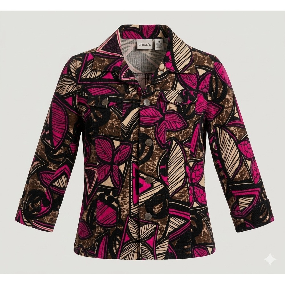 Chicos Y2K Abstract Geometric Print Cotton Corduroy Button Up Blazer Jacket S 4